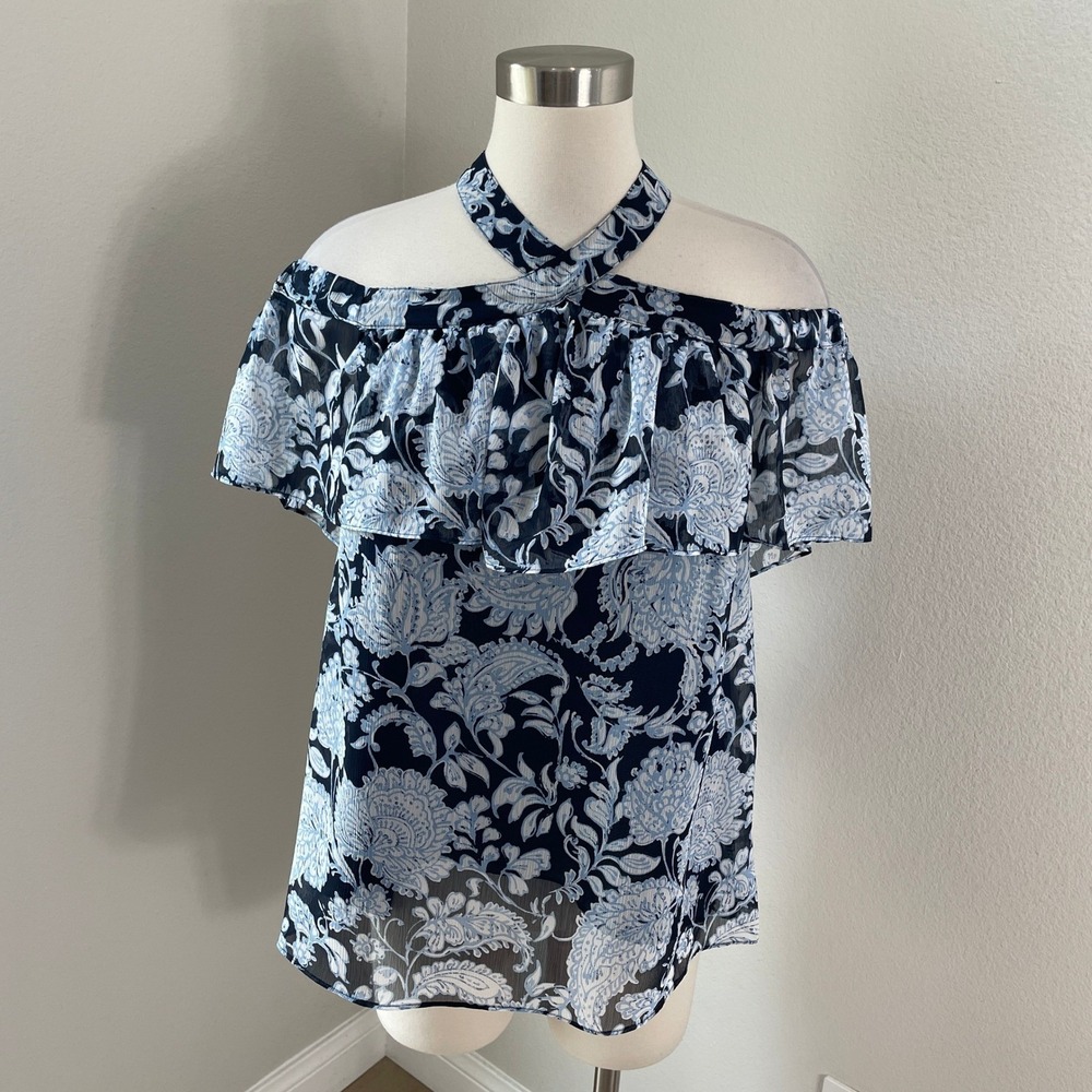 NEW Tommy Hilfiger Womens Medium Sorrento Floral Halter Blouse Off Shoulder Top